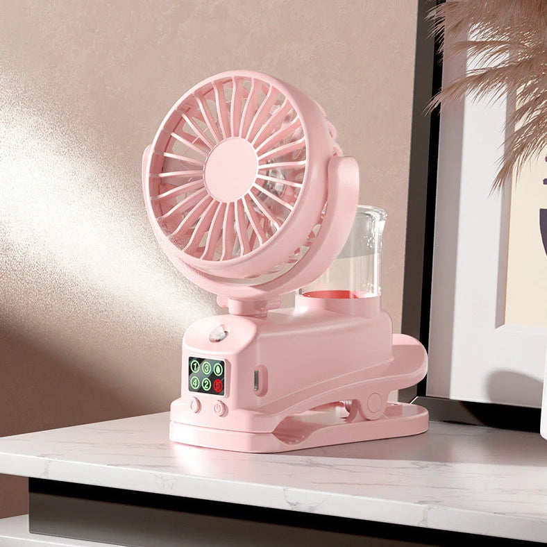 F7 clip spray fan in black colour showing clip attachment and mist spray function