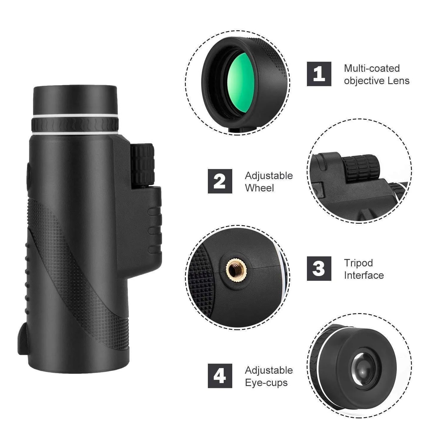 Black HD 40x60 monocular telescope with 60mm objective lens on a table.