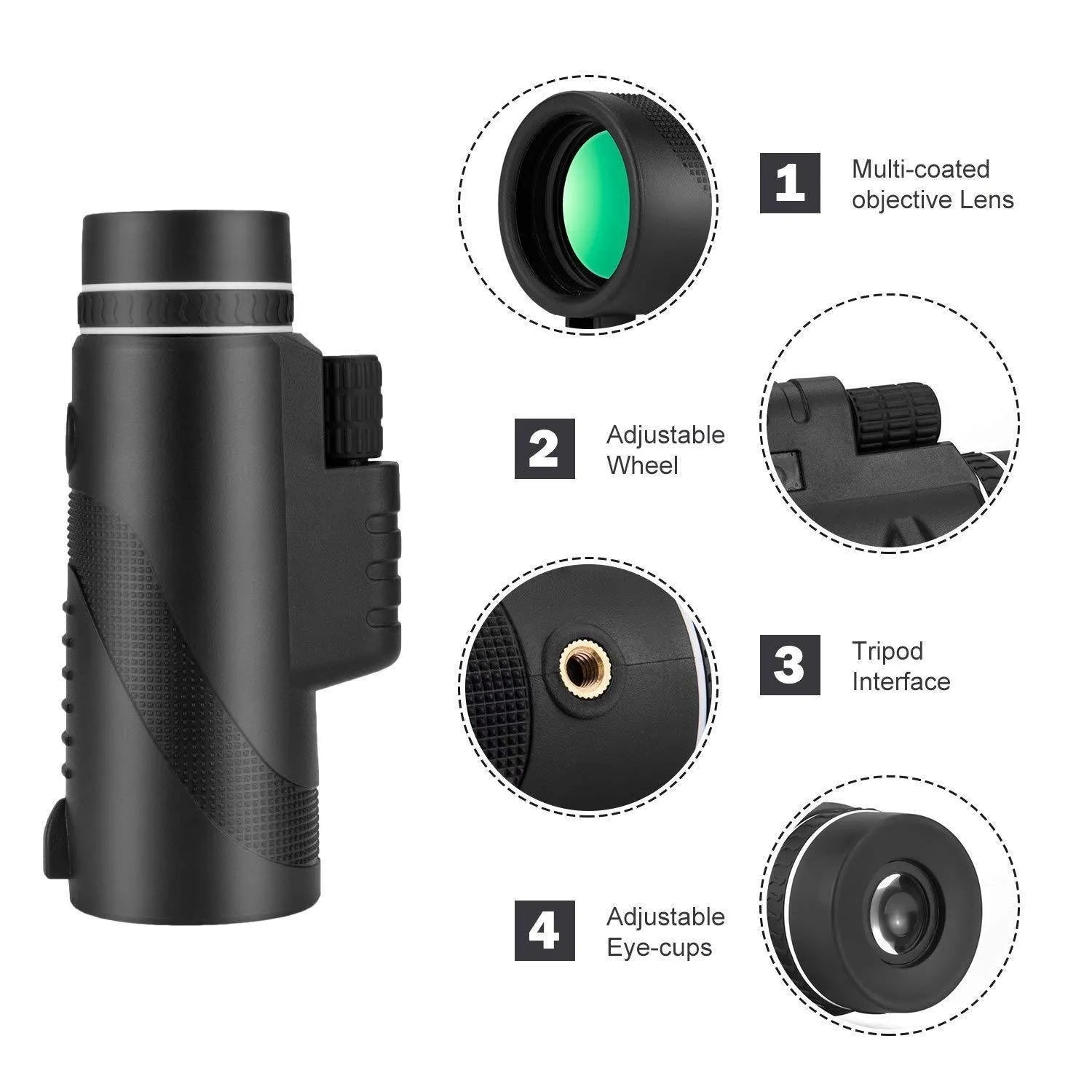 Black HD 40x60 monocular telescope with 60mm objective lens on a table.