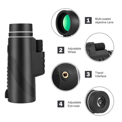 Black HD 40x60 monocular telescope with 60mm objective lens on a table.