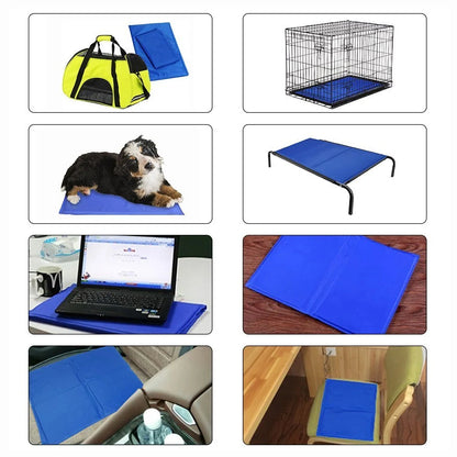 Blue dog cooling mat with pressure-activated ice crystal technology for summer comfort