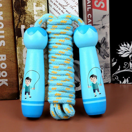 Wooden children's skipping toy with adjustable rope showing six character style options