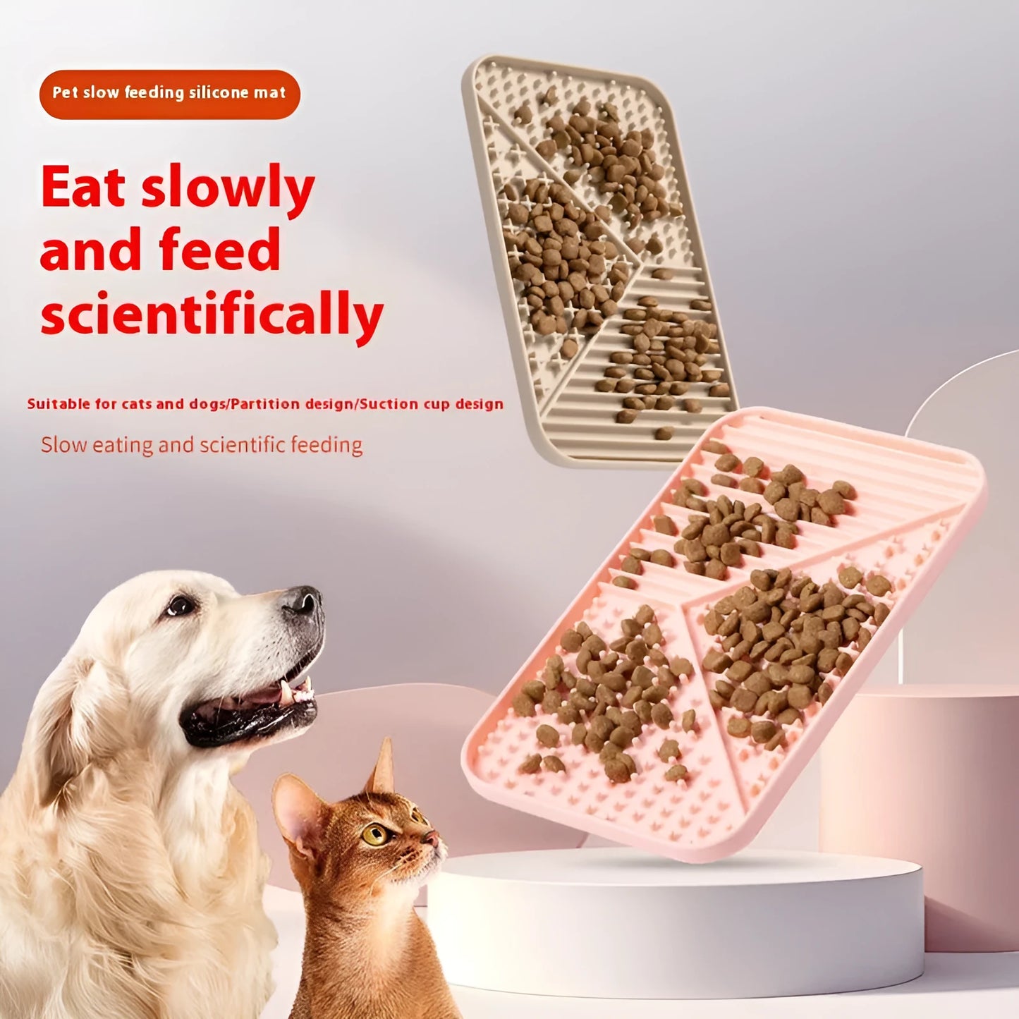 Silicone pet licking mat with suction cup base in pink, grey, or khaki colour options for slow feeding dogs and cats.
