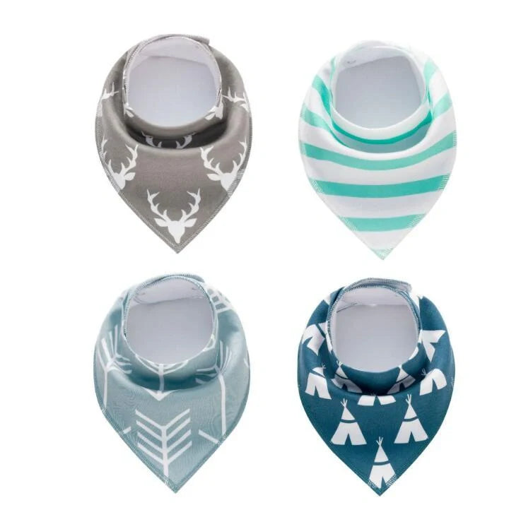 Stylish baby bibs and burp cloths featuring trendy arrow, wave, and triangle designs in soft, absorbent cotton