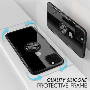iPhone 11 Pro Max case with car holder arm in navy blue, showing PU material and button access.