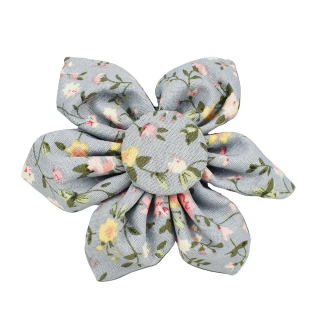Blue floral dog collar set with adjustable sizes, includes leash, vest, bow, and poop bag on polyester cotton cloth.