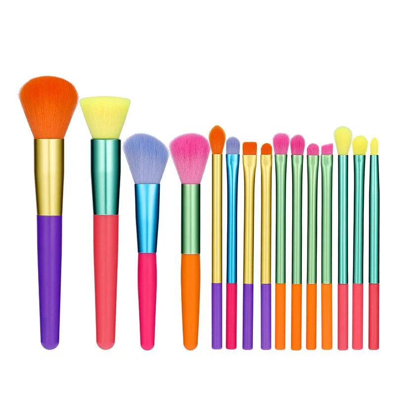 15-piece multicolor makeup brush set with plastic handles for professional and everyday makeup application