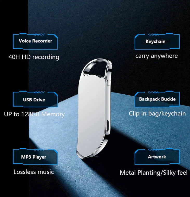 Keychain Voice Recorder with Metal and Zinc Alloy Construction, High-Definition Audio Capture, and Versatile 3-in-1 Functionality
