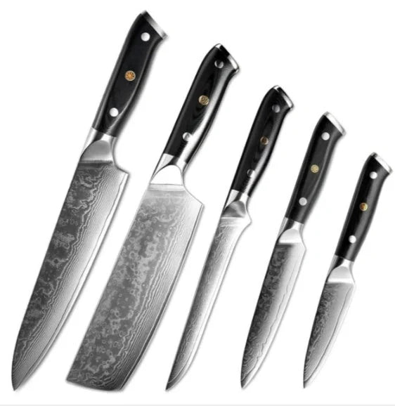 Japanese Damascus steel kitchen knife set with G10 handle, 67-layer blade