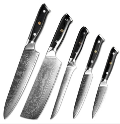Japanese Damascus steel kitchen knife set with G10 handle, 67-layer blade