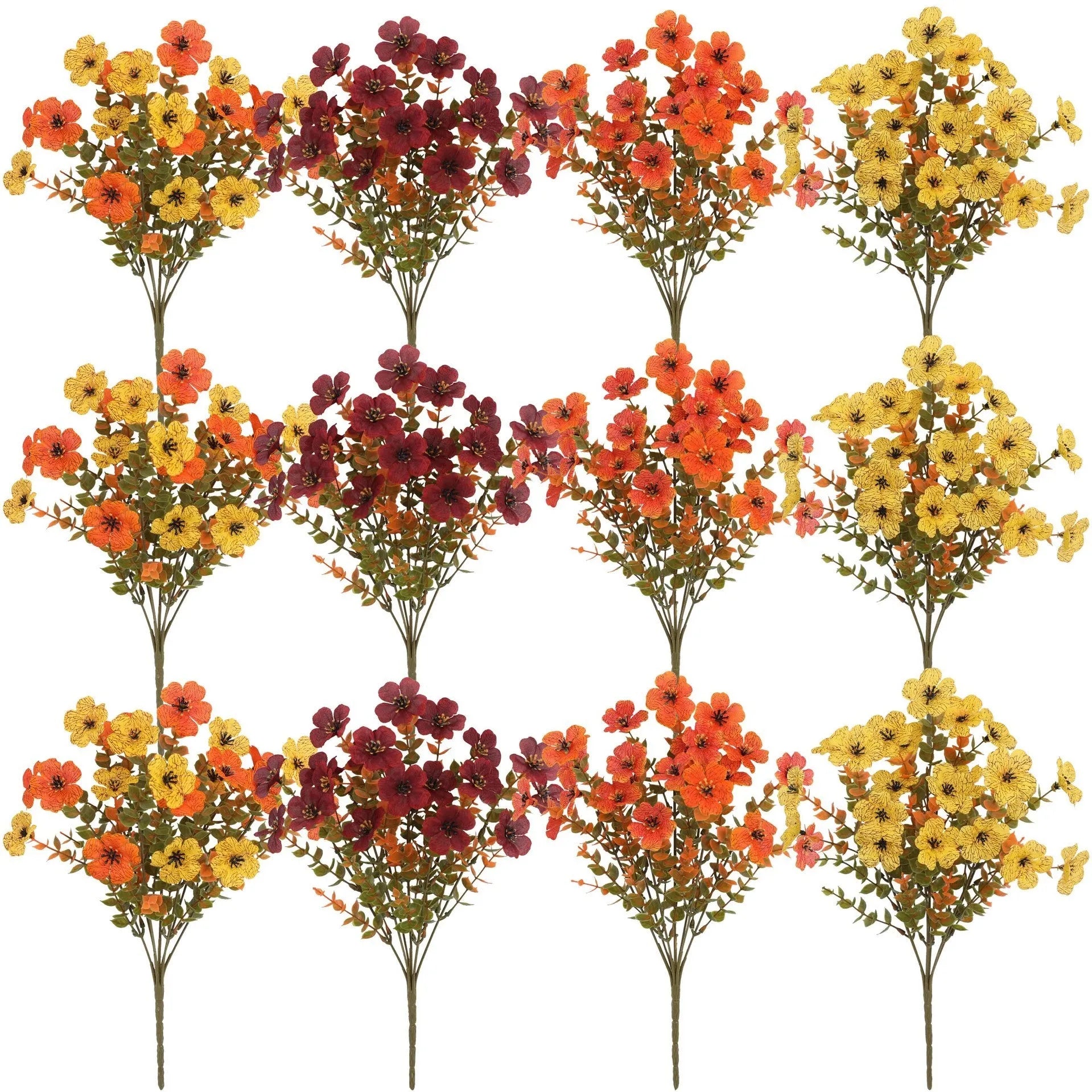 Autumn coloured artificial flower bouquet with plastic and silk flowers for decoration.