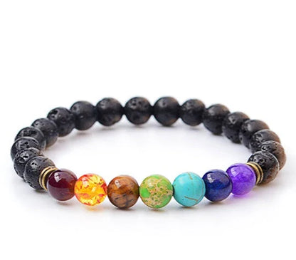 Handcrafted black lava beaded bracelet with seven chakra stones for healing and balance