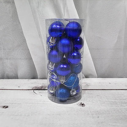 Assortment of 3cm diameter gold, red, silver, and blue barrel-shaped Christmas baubles with an electroplated finish.