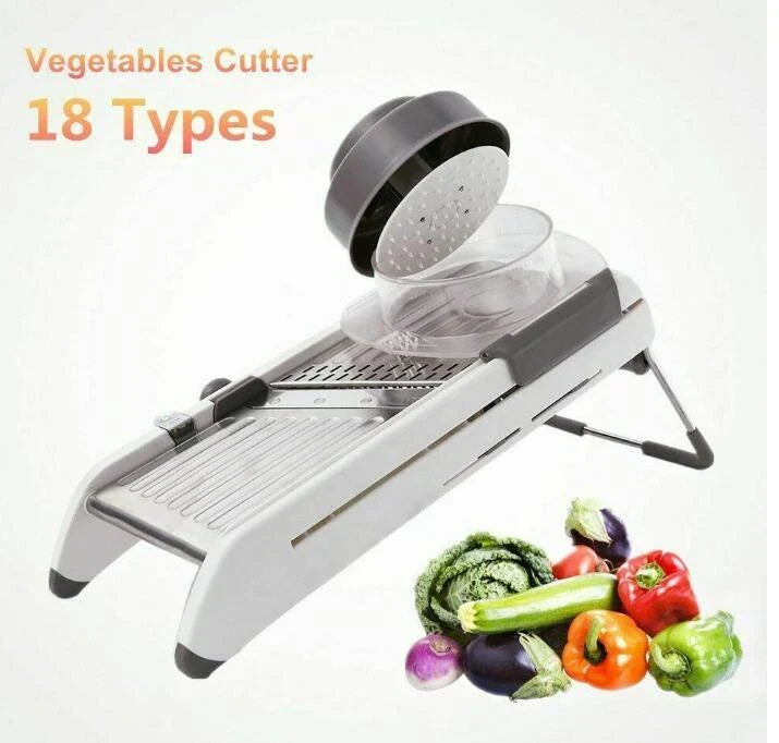 A versatile vegetable chopper with adjustable slicing, shredding, and waffle-cutting blades made of food-grade materials
