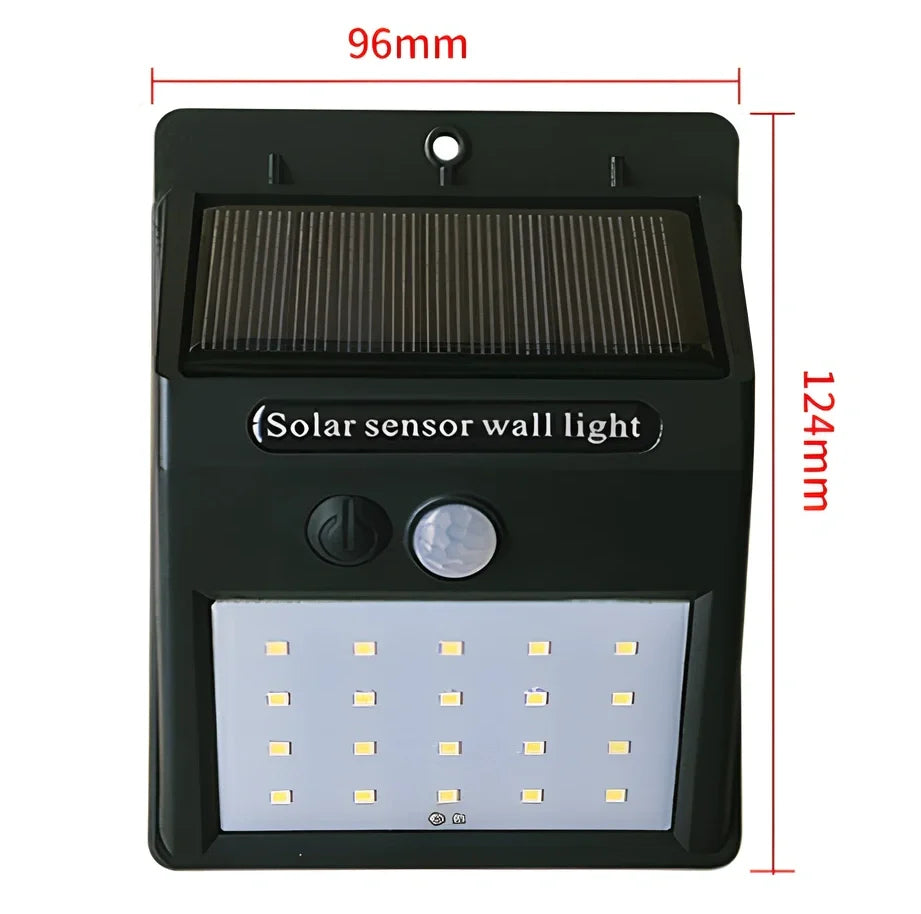 Solar sensor light in black ABS plastic with 20 LEDs and infrared motion detection, package 130x102x55mm