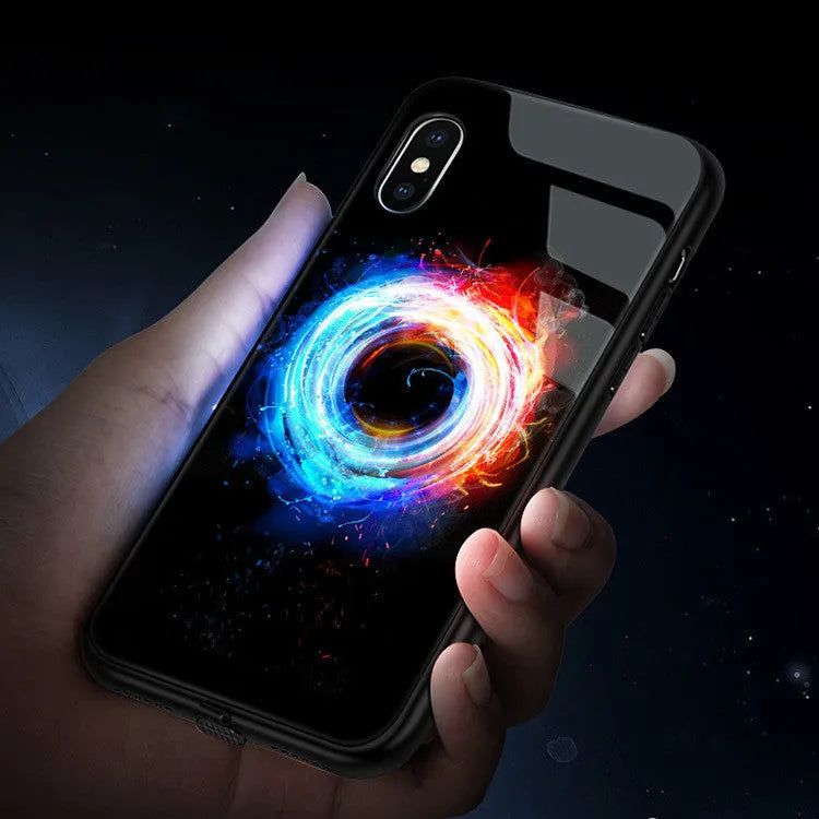Apple iPhone case with LED flash light and tempered glass back in decorative design