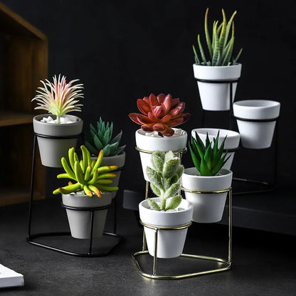 Grey pottery flower pot set with electroplated finish in black grey, black white, gold grey and gold white options
