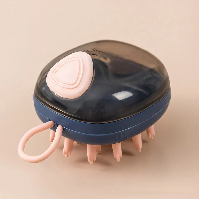 2-in-1 pet cleaning and massage brush with shampoo dispenser in green and blue