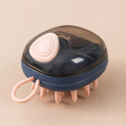 2-in-1 pet cleaning and massage brush with shampoo dispenser in green and blue