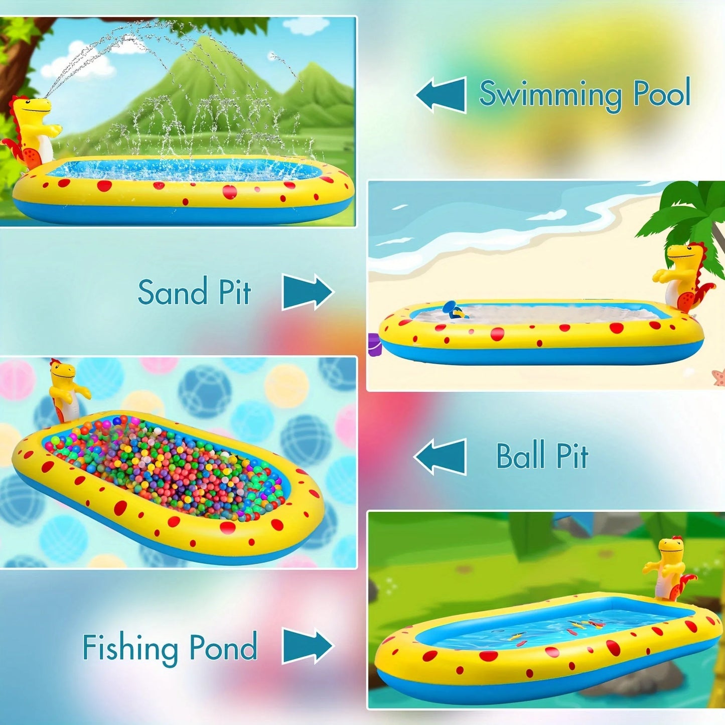 Blue dinosaur inflatable water spray pool measuring 170cm long for children's outdoor play