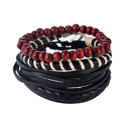 Hand-woven brown leather bracelet with wooden beads and rope detailing on a wrist.