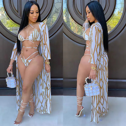 Three-piece European-American bikini swimsuit in white, perfect for beach outings