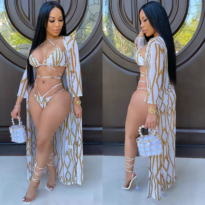 Three-piece European-American bikini swimsuit in white, perfect for beach outings