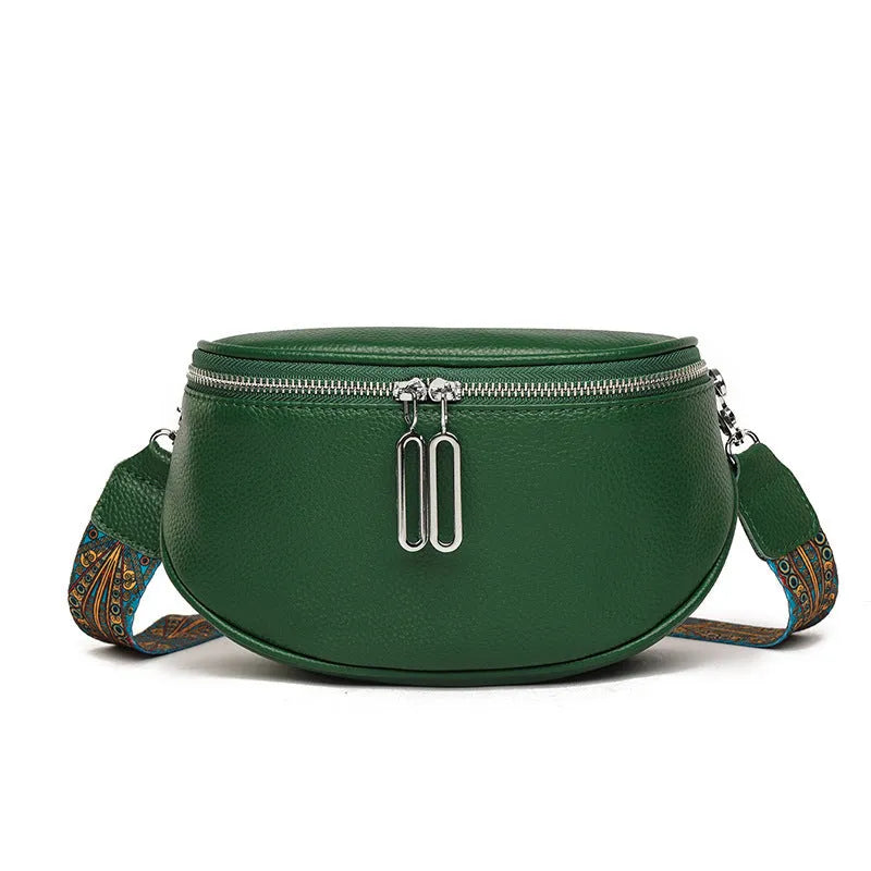 Women's soft PU leather messenger bag in saddle shape with crossbody strap and zip compartment