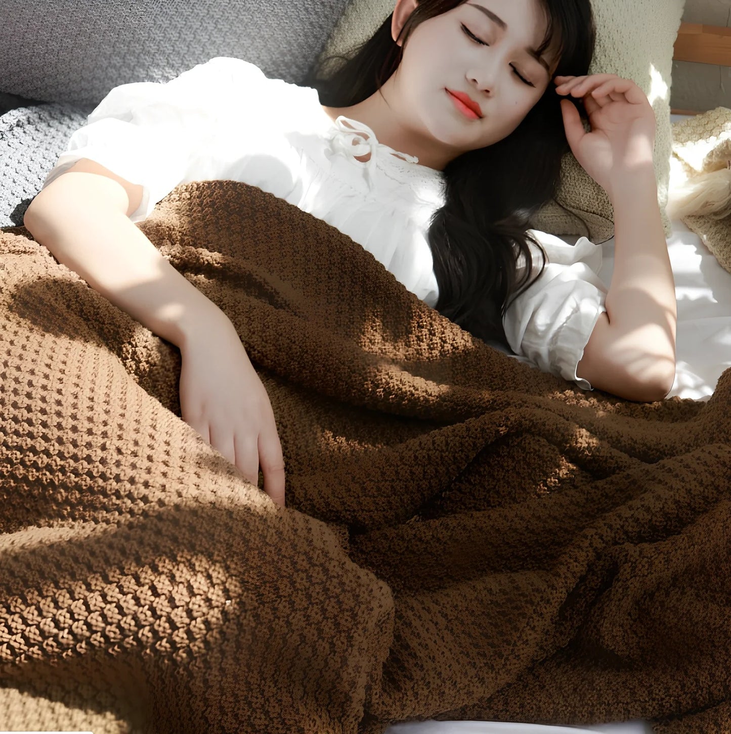 Dark gray fringed acrylic knitting blanket 130cm x 170cm with plain weave and moisture-wicking fibres