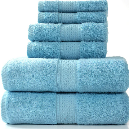 Cotton towel set showing bath towel, hand towel, and face cloth in coordinated sizes