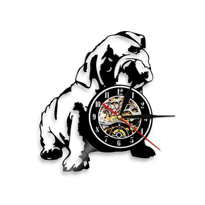 30cm vinyl record wall clock with dog breed designs, silent quartz movement, and pre-installed hook