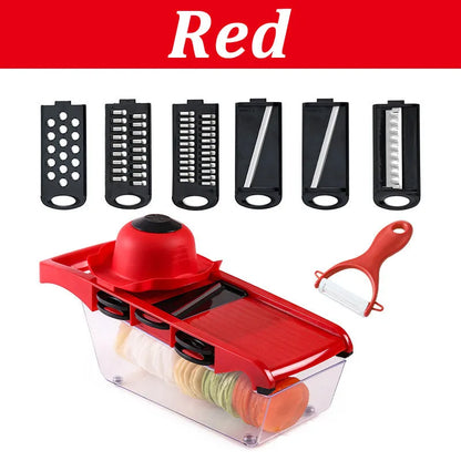 Multifunctional vegetable cutter with seven stainless steel blades on a food-grade plastic body.