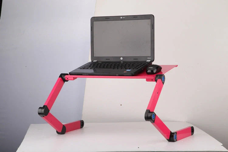 Adjustable folding laptop stand with ergonomic design and mouse pad in cool black and rose red