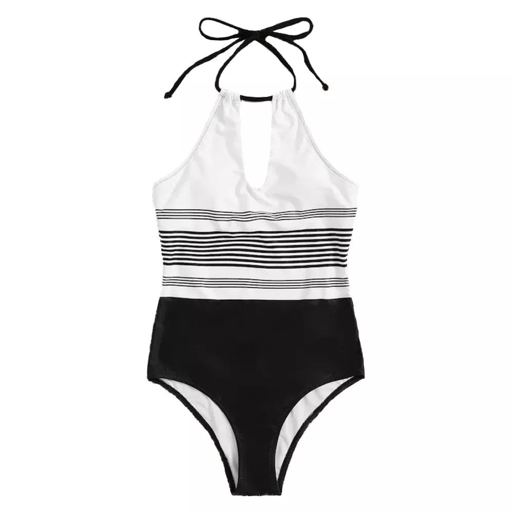 Black one-piece striped swimsuit for women, made from durable nylon