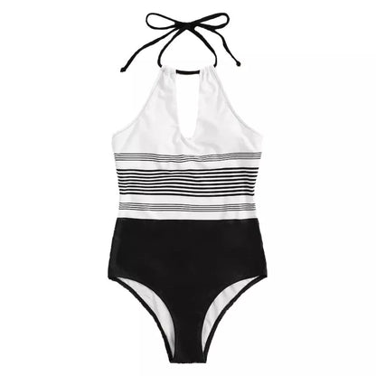 Black one-piece striped swimsuit for women, made from durable nylon