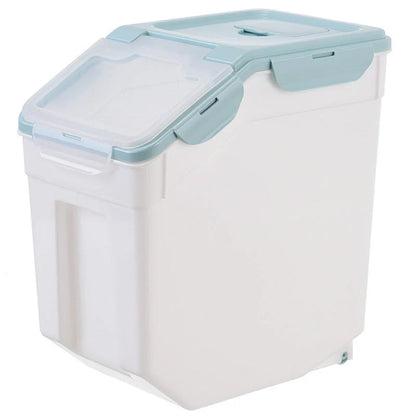 Large capacity moistureproof food storage container with wheels in blue, beige, or green