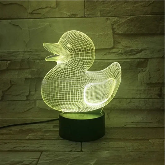 Little Yellow Duck 3D night light with remote control, showing seven colour options and dimensions of 200x150x87mm