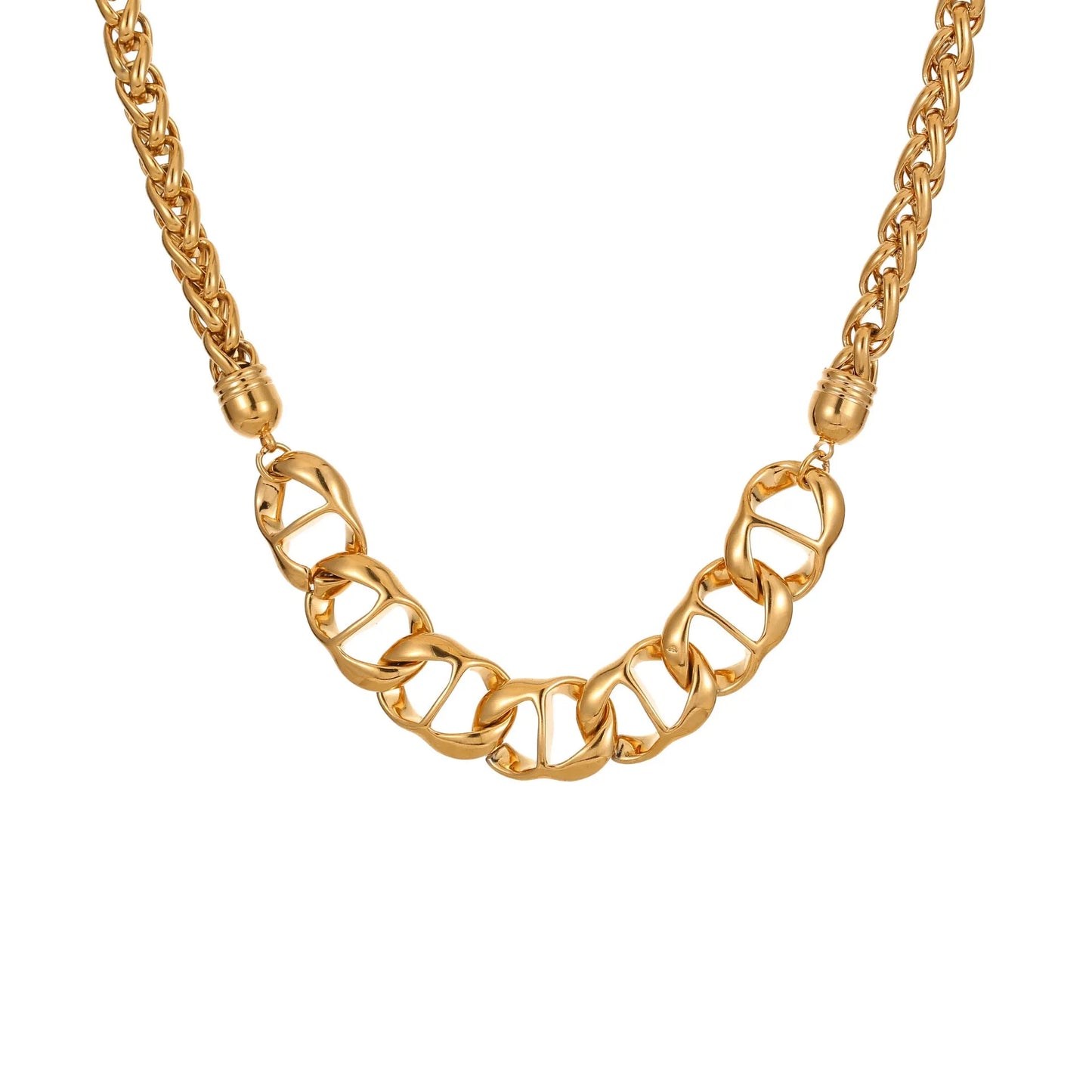 Gold plated stainless steel necklace with geometric pendant on regular chain