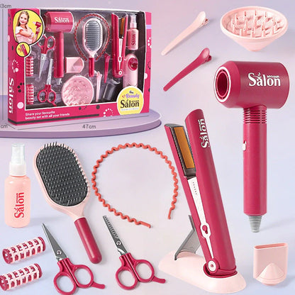 Children's plastic hair salon toy set with hair dryer and curler pieces for role-play