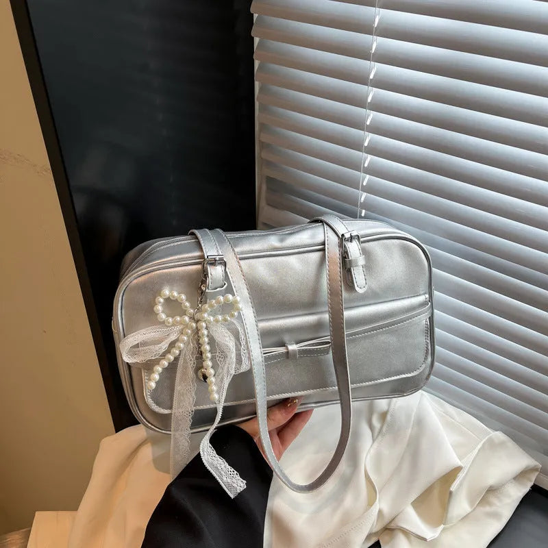 PU single-shoulder flap bag in horizontal square shape with mobile phone compartment and bow decorations