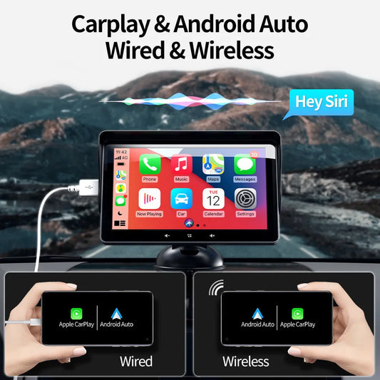 7-inch wireless CarPlay display with suction cup mount and cigarette lighter power cable for car installation