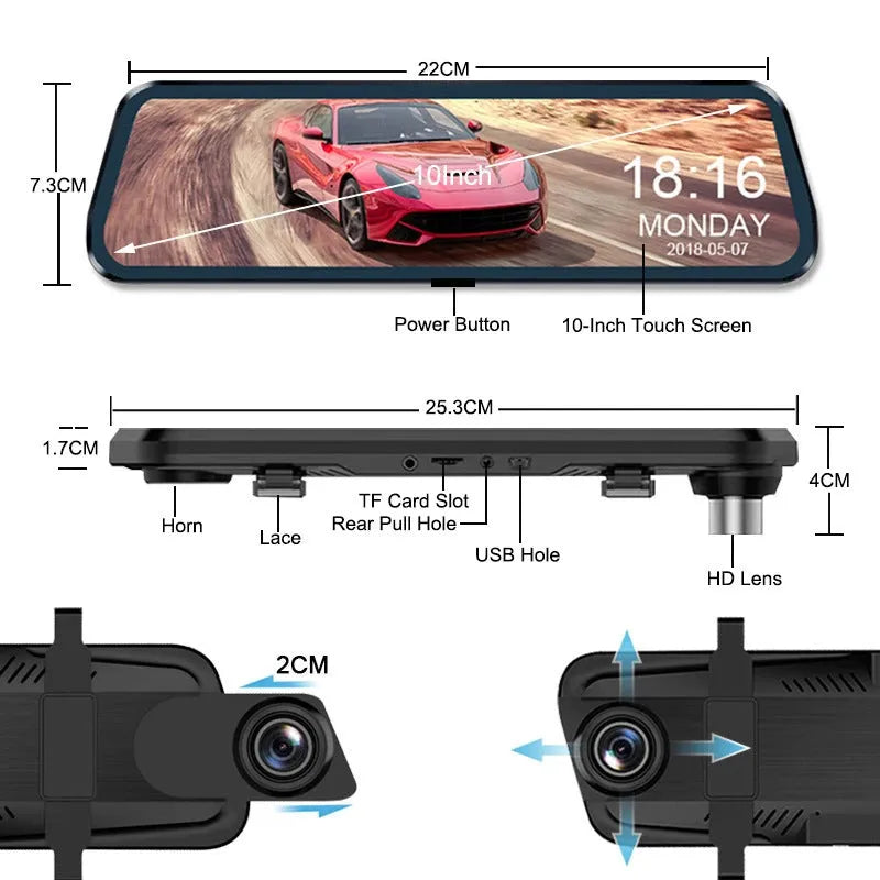 10-inch car dash cam with front and rear cameras on full touchscreen display