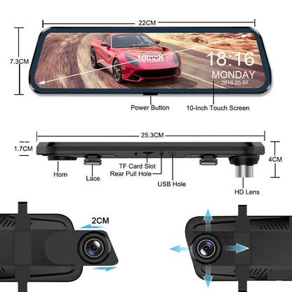 10-inch car dash cam with front and rear cameras on full touchscreen display
