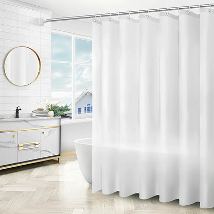 PEVA shower curtain with geometric pattern and stainless steel buttonholes in bathroom setting