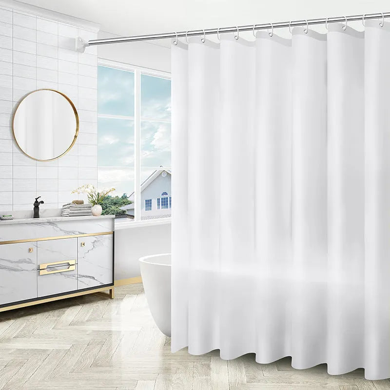 PEVA shower curtain with geometric abstract pattern and stainless steel buttonholes, available in multiple sizes and colours