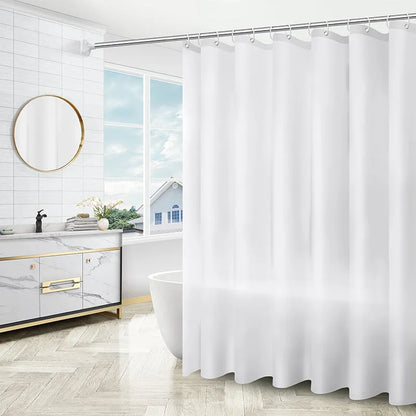 PEVA shower curtain with geometric abstract pattern and stainless steel buttonholes, available in multiple sizes and colours