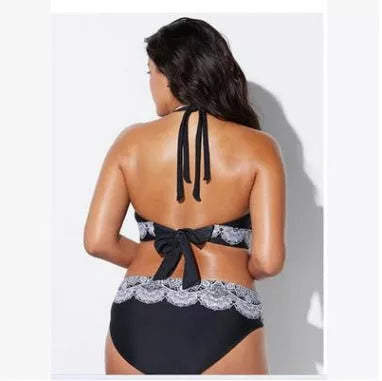 Printed split bikini in black, made with quick-drying nylon fabric for female swimmers