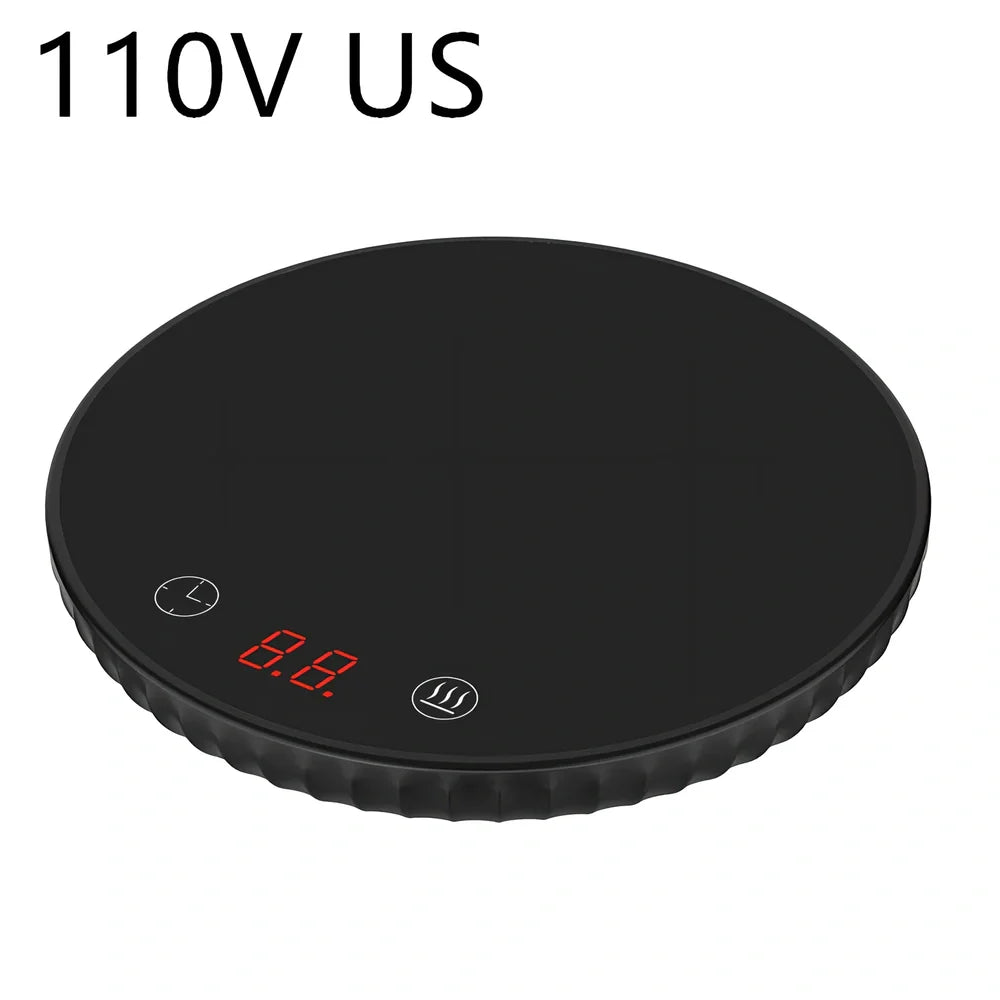 Black electric cup warmer with digital display showing temperature, 115mm diameter, 20mm thickness