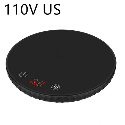 Black electric cup warmer with digital display showing temperature, 115mm diameter, 20mm thickness