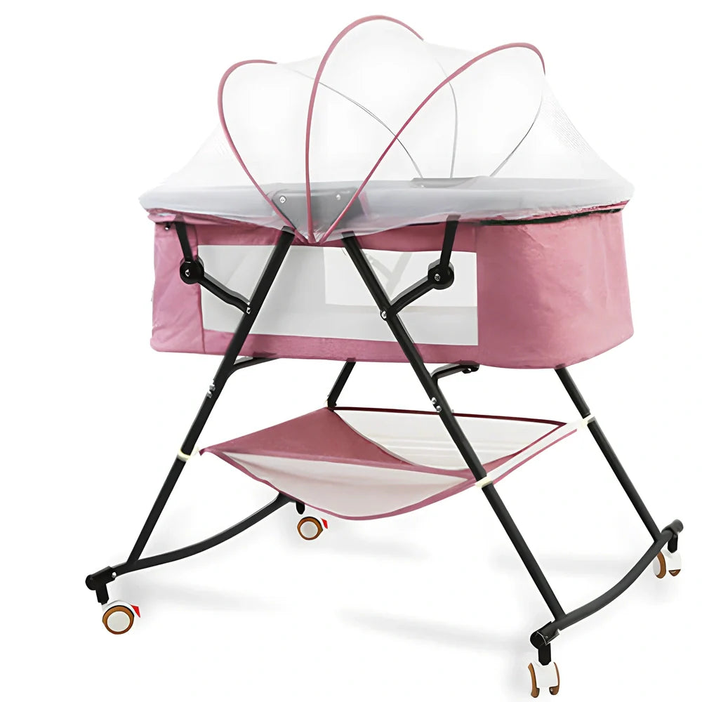 European foldable baby crib with mosquito net showing 54.5cm width and roller wheels